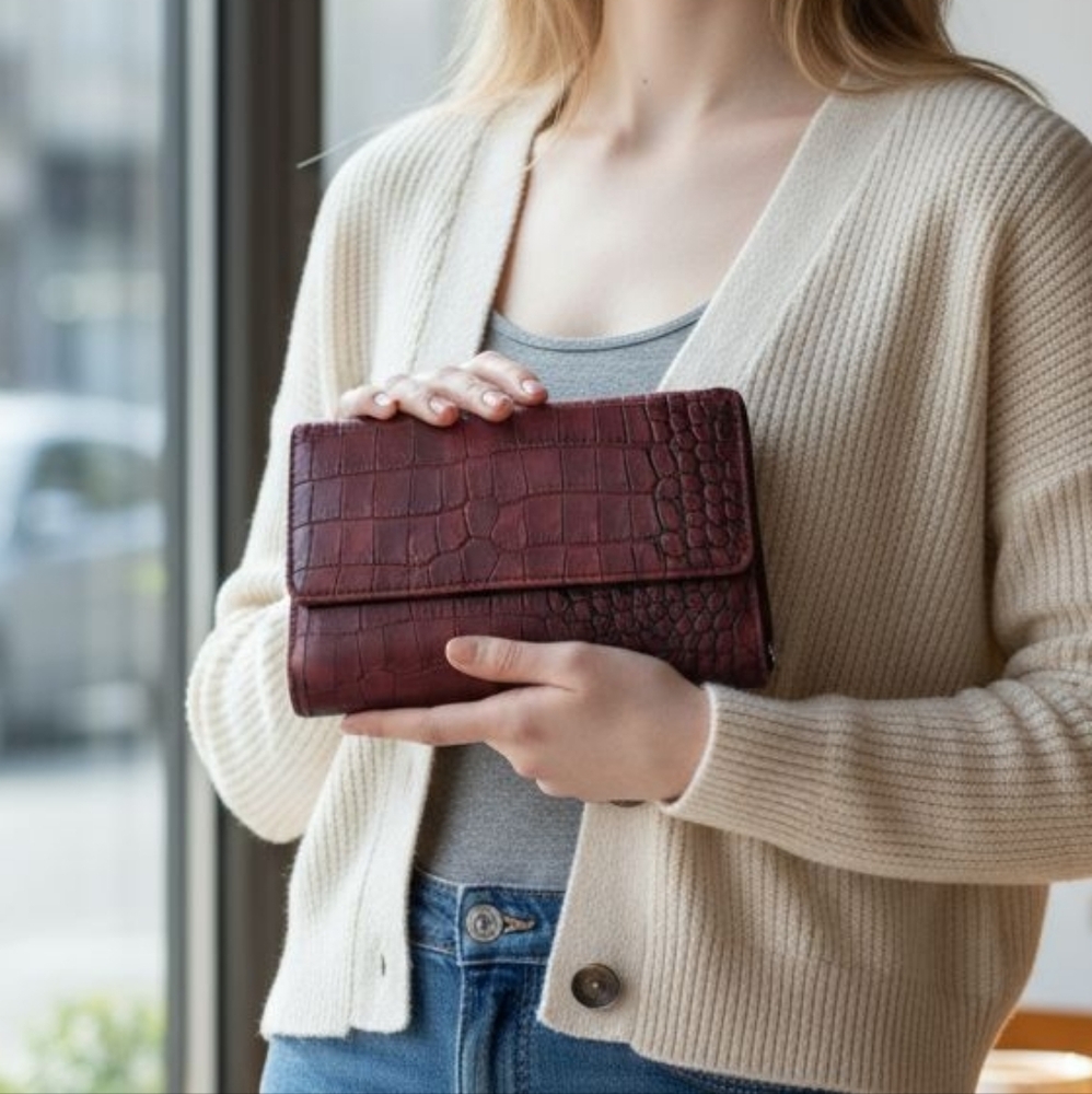 Crocodile Embossed Burgundy Wallet